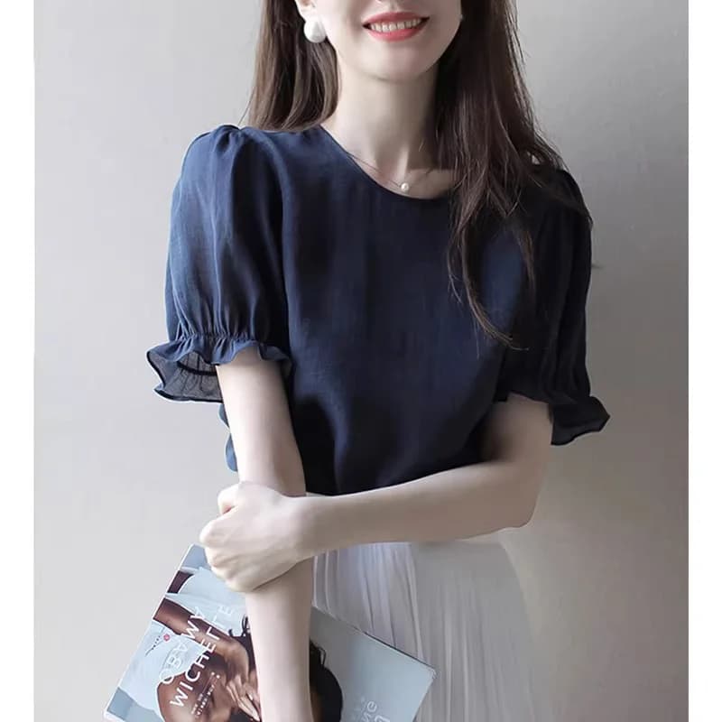 Camicetta estiva in chiffon a maniche corte con scollo rotondo, stile coreano, tinta unita, versatile e snellente, ideale per il commuting.