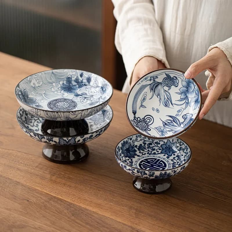 Retro Blue and White Chinese Refreshments Tray Tall Fruit Tray Small Dish Chinese Snacks Snacks Dried Fruit Bowl Ceramic Tray