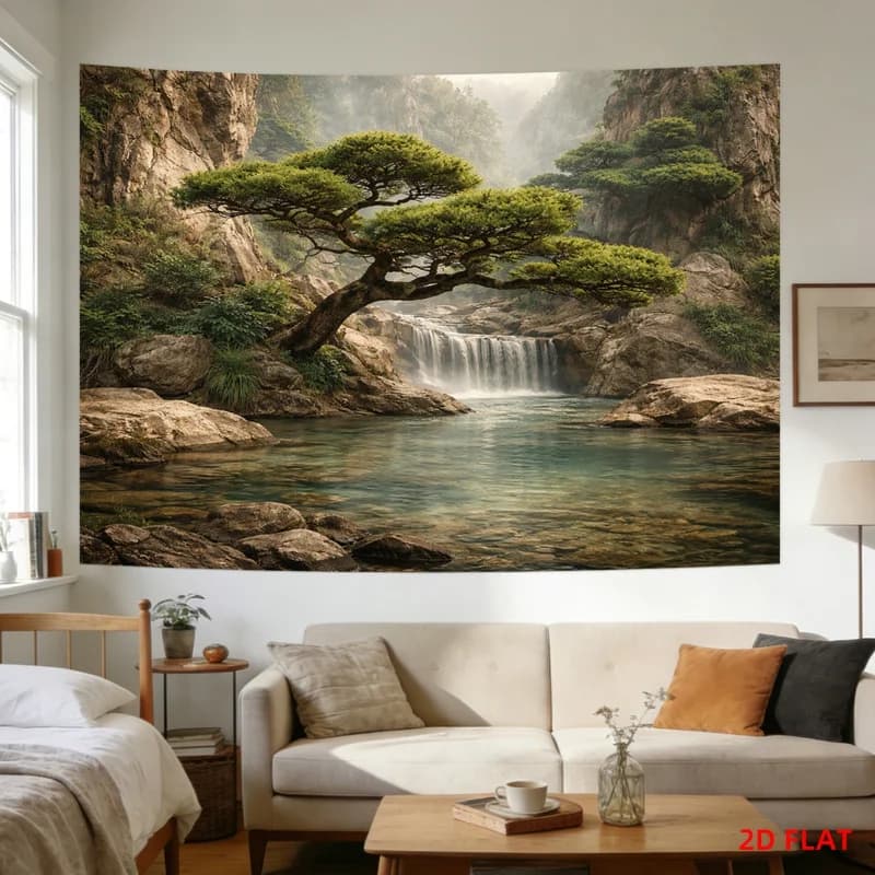 Lusheng Scenery Waterfall Mountain Range Tapestry Living Room Meditation Space Office Polyester Fiber Wall Hanging Home Decor