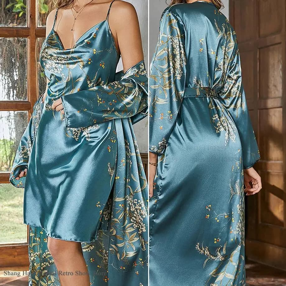 Floral Print Twinset Robe Set Night Shirt Sexy Women's Nightwear Ice Silk Kimono Dress Casual Waist Dress