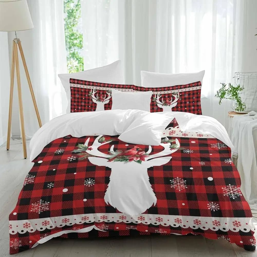 Set di lenzuola Bird Deer, motivo natalizio Poinsettia Holly, bianco a quadri con pizzo, 4 pezzi, set copripiumino traspirante, lenzuola confortevoli.