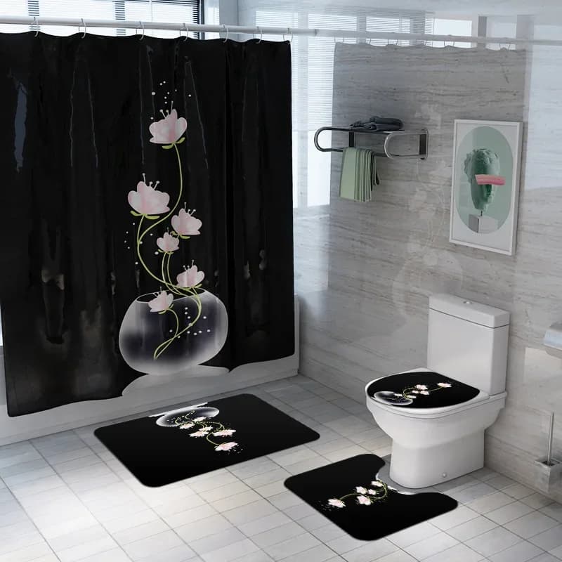 Set di tende da doccia per bagno con loto nero Tessuto in poliestere impermeabile Stampa floreale Tende da doccia Tappetino da bagno antiscivolo Decorazioni per la casa