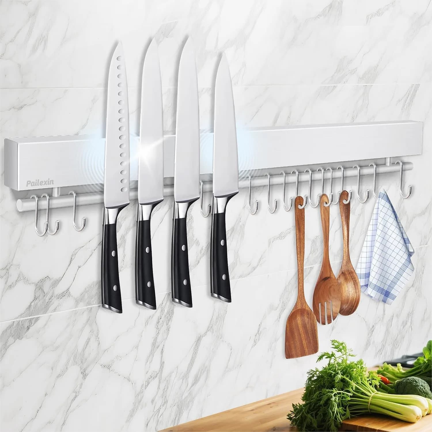 Portacoltelli Magnetico da Parete 23 Pollici - Barra Portacoltelli in Acciaio Inox con 15 Ganci, Installazione Senza Foratura, Utensile da Cucina