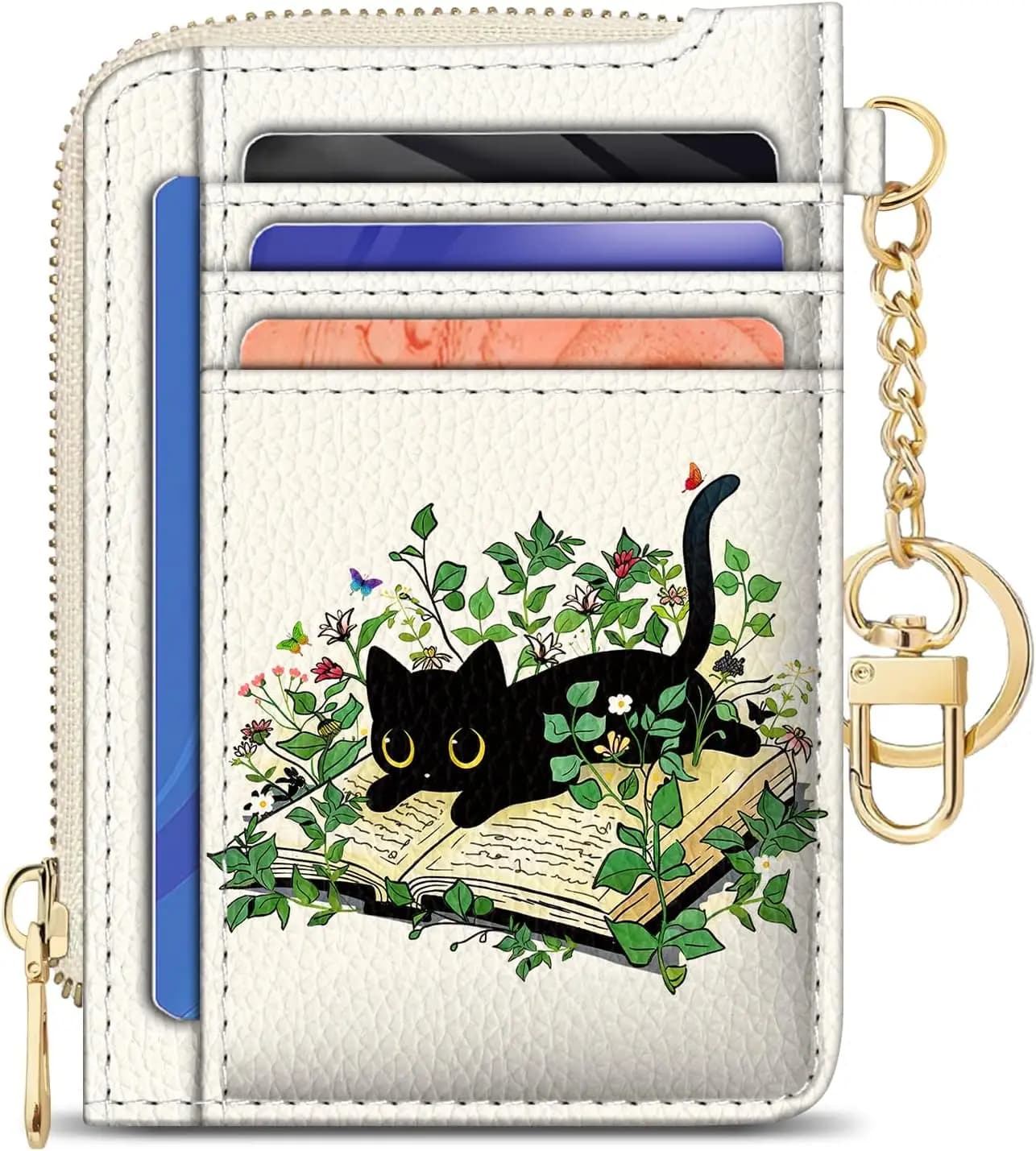 Portafoglio Sottile con Blocco RFID per Donne, Design Gatto Nero, Porta Carte con Cerniera e Finestra per Documenti, Regalo da Viaggio