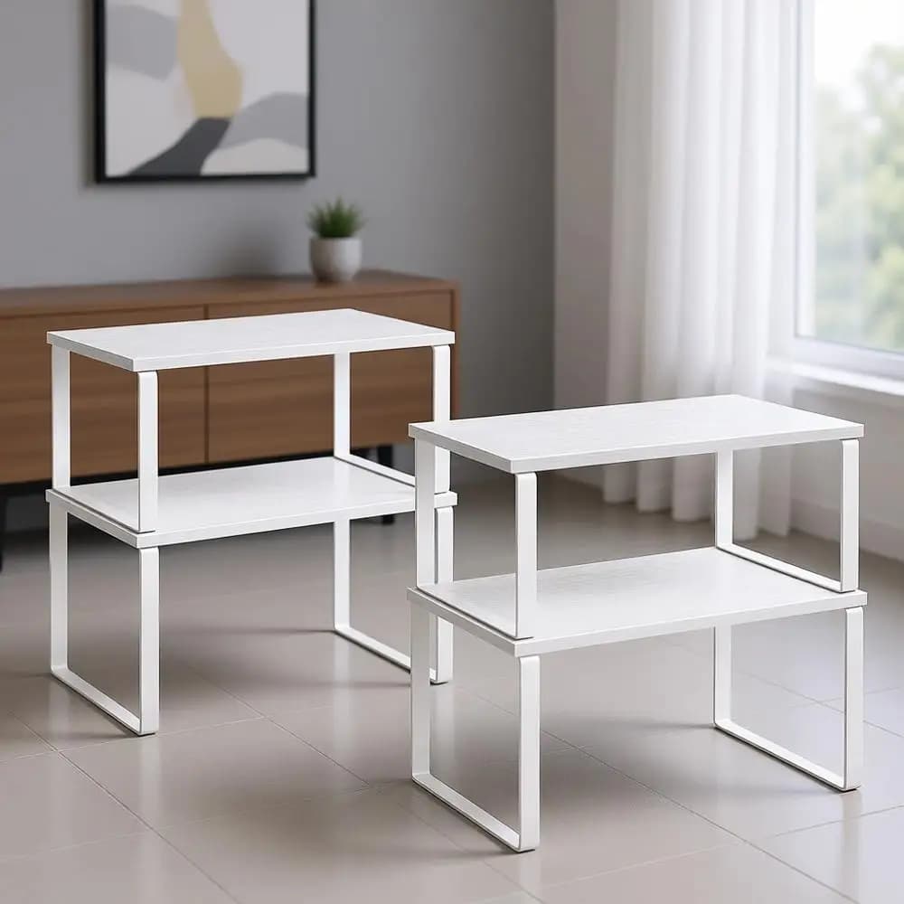 Set di 4 Scaffali da Cucina, Portaspezie Impilabile in Metallo e Legno, Espandibile, Bianco Nuvola