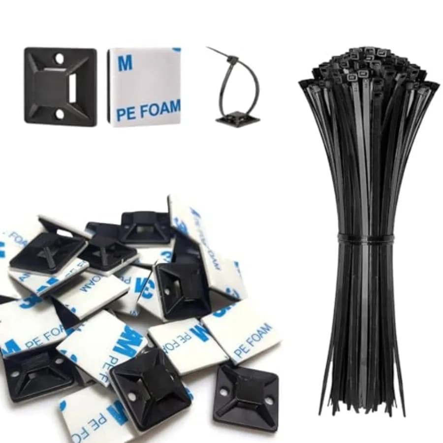 Strong Back-Glue Self Adhesive Cable Zip Tie Mounts Kit - Cable Management Clips with 6" Zip Ties, Wire Holders - Outdoor Stick