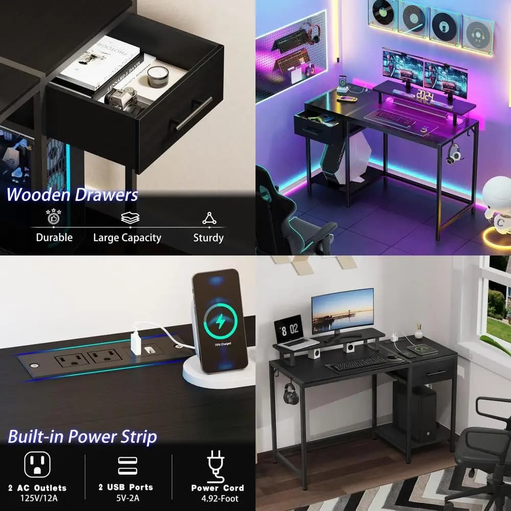 Scrivania da gioco 47 illuminata a LED con cassetti, supporto per monitor e gancio per cuffie per l'home office