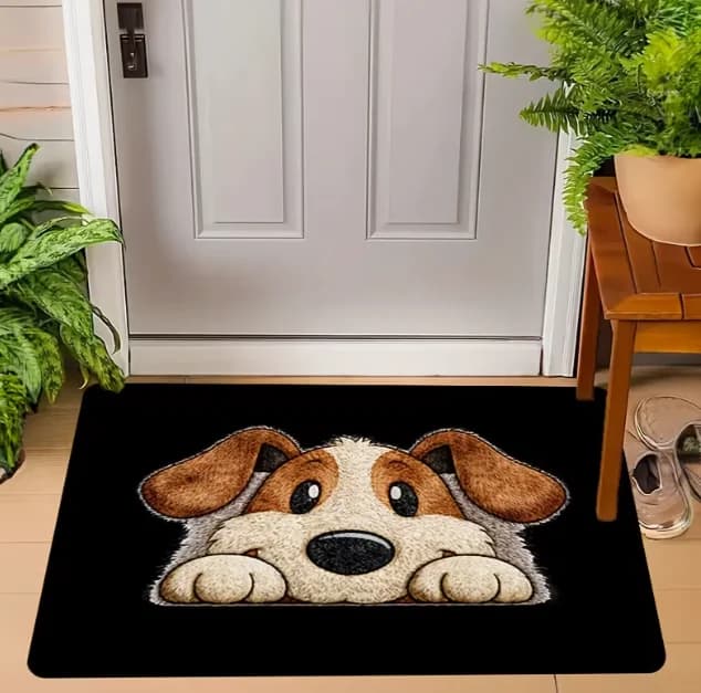 Simpatico tappetino per la porta con faccina di cane, design in morbida pelle scamosciata e strato antiscivolo, adatto per ingresso, camera da letto, cucina, corridoio, decorazione domestica