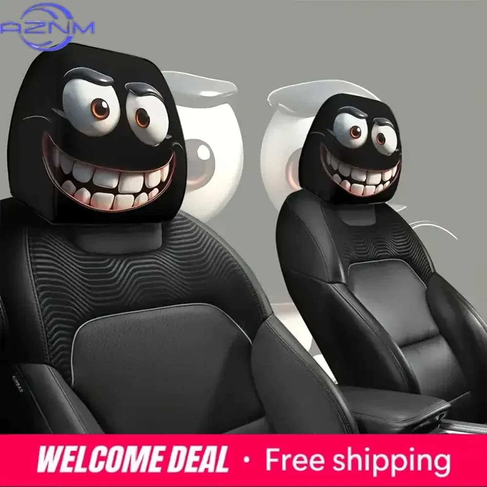 Set di 2 Federe per Cuscino Auto Divertenti, Federe con Occhi Grandi e Denti Sorridenti, Federe Rimovibili per Cuscino Auto
