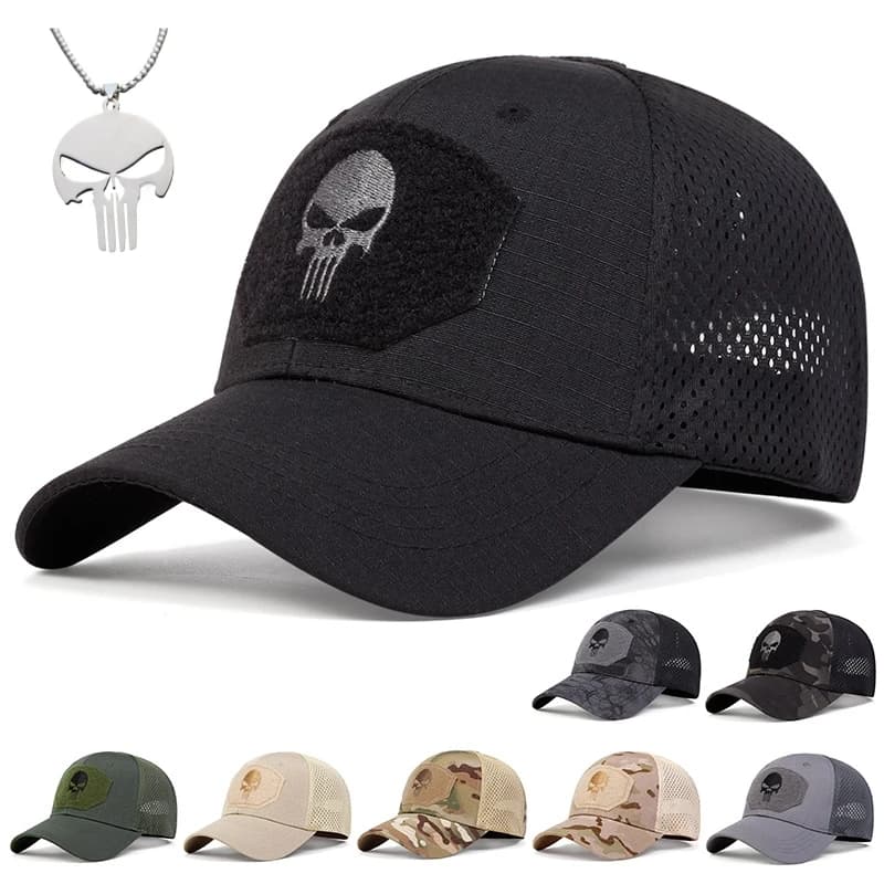 Cappello da Baseball con Rete a Motivo Teschio, Cappello da Camionista Tattico, Cappelli da Operatore, Cappelli da Sole Traspiranti per Esterni con Collana Teschio