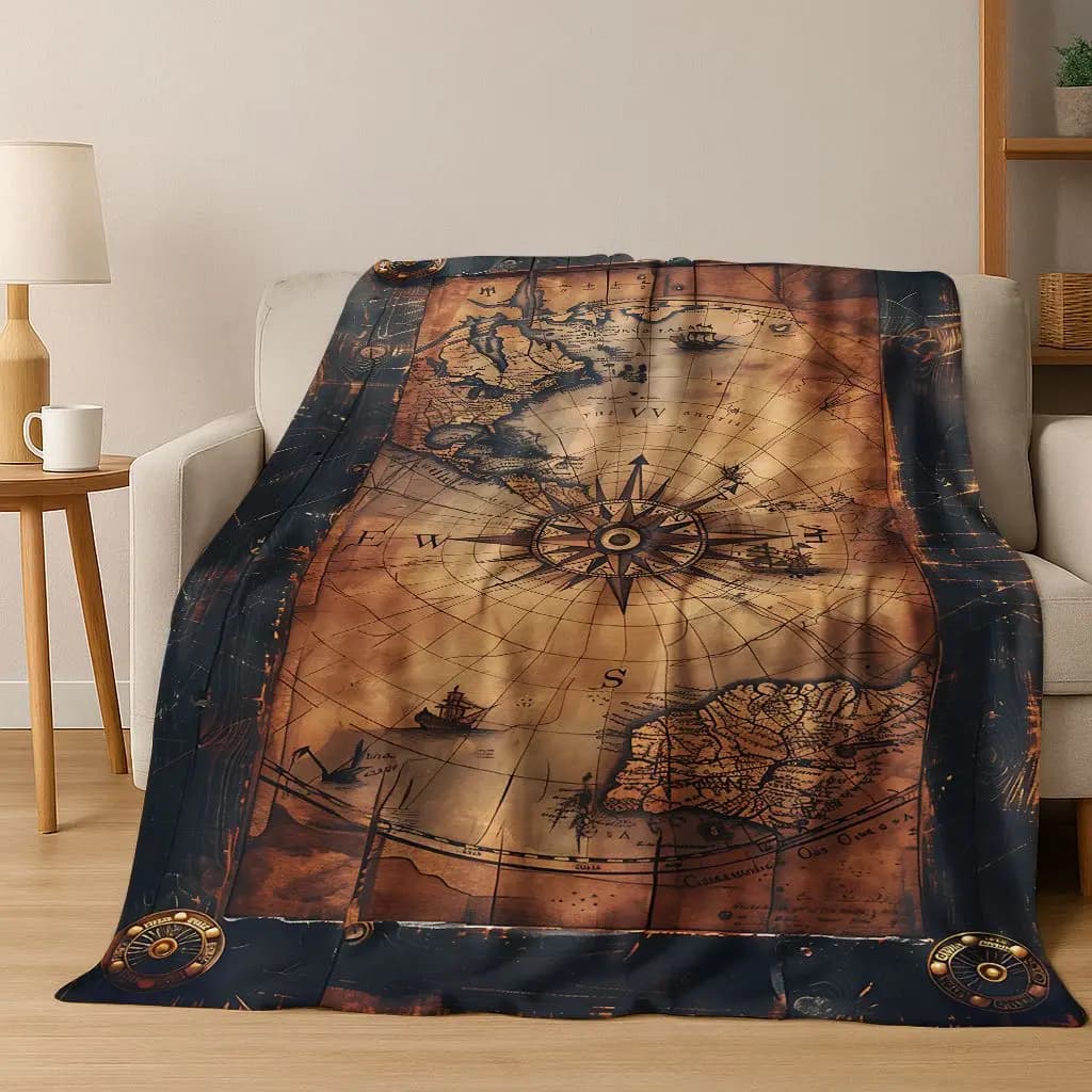 Retro Nautical Map Chart Treasure Map Compass Flannel Blanket,Cozy Soft Throw Blanket for Home Bedroom Bed Sofa Cover Gift Kids