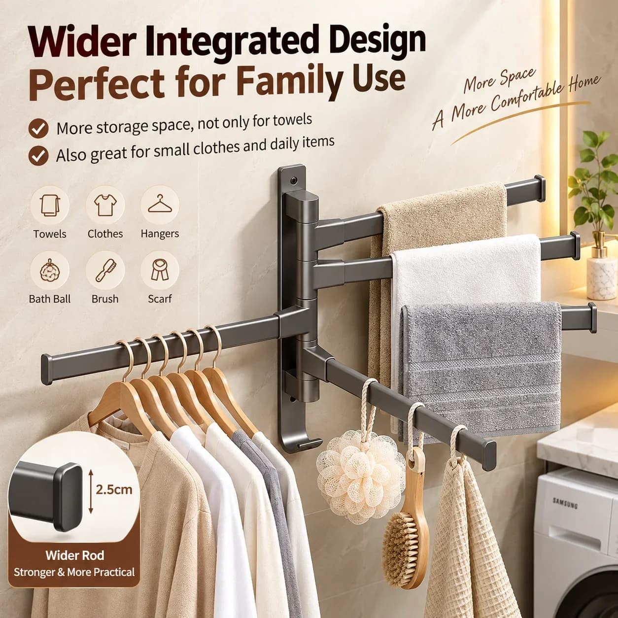 Wall Mounted Swing Towel Storage Rack 180° Rotating Towel Rack Arm Towel Bar Drill-Free Multi Bar Bathroom Towel Holder
