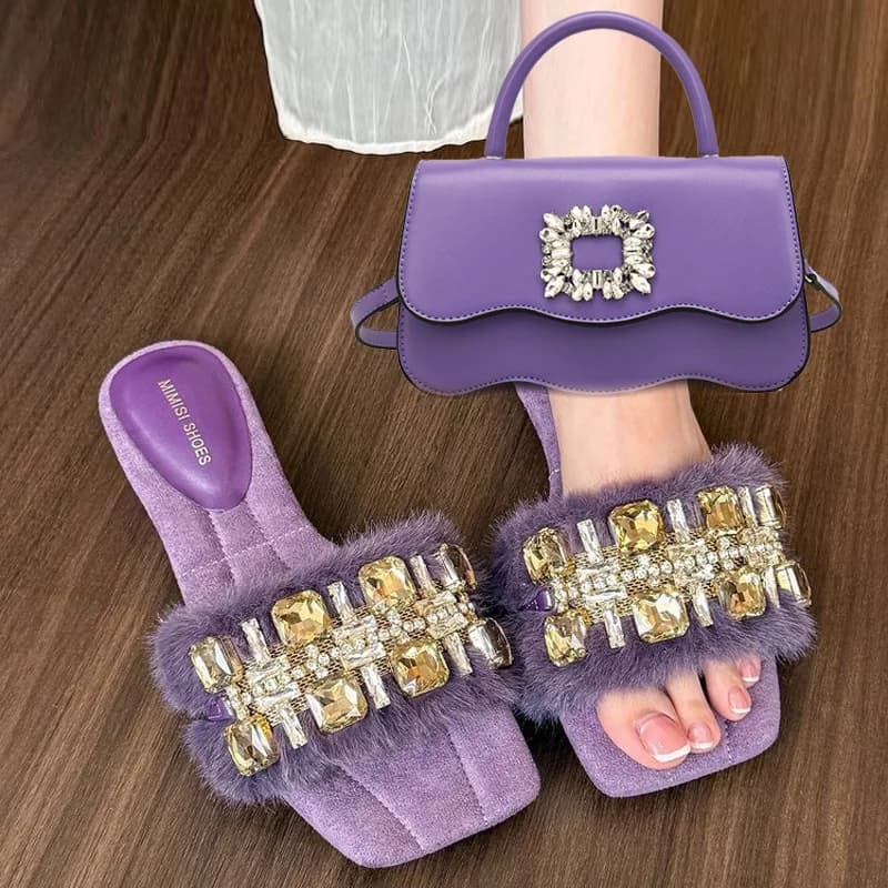 Ciabatte di Lusso con Strass e Pelliccia, Nuove Ciabatte Comode a Punta Aperta da Donna per l'Autunno, Set con Borsa a Tracolla Piccola Quadrata con Strass