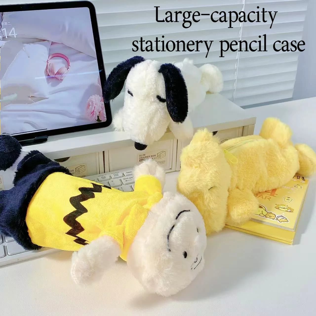 Snoopy Plush Pencil Case Large Capacity Stationery Bag Cute Fluffy Pen Pouch for Students Girls Kawaii Backpack Organizer Gift