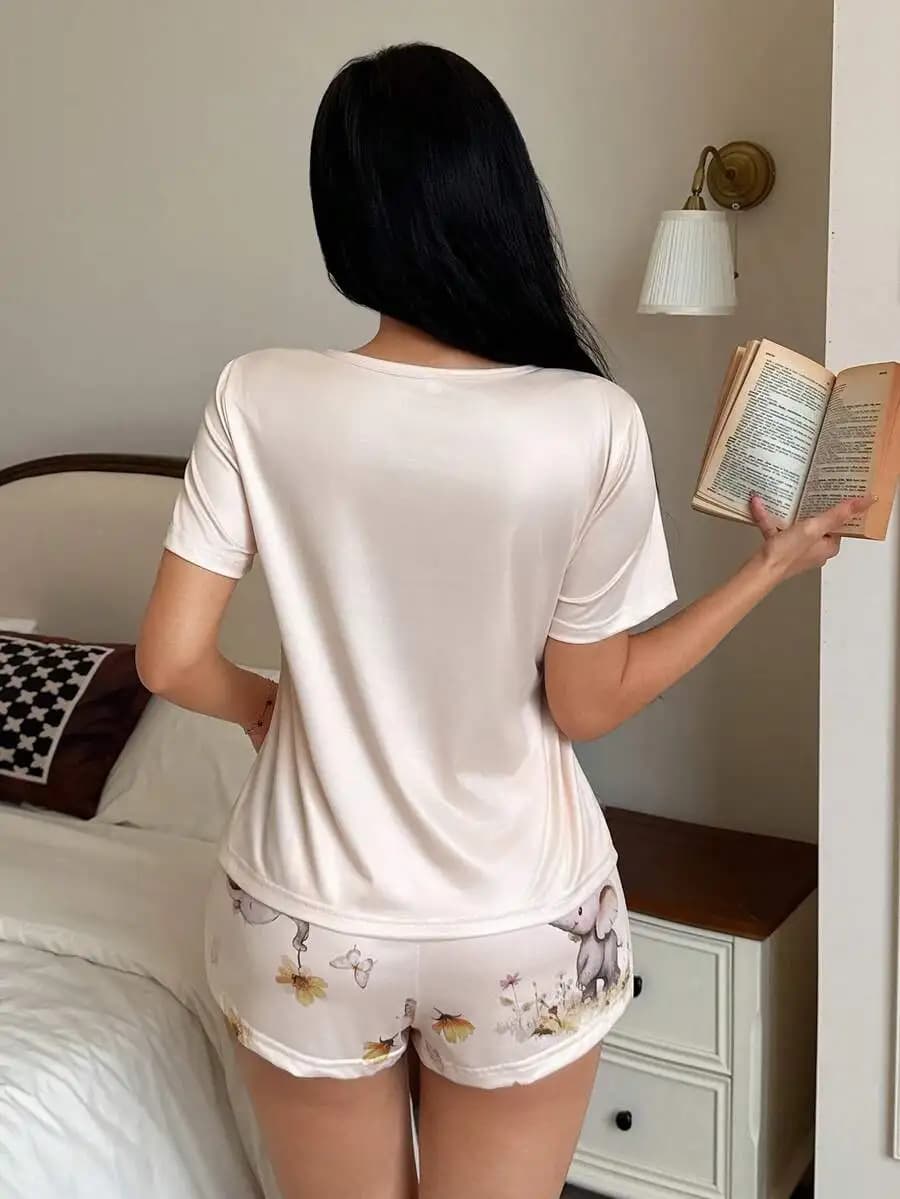 2-Piece Elephant Print Short Sleeve Pajama Set For Women