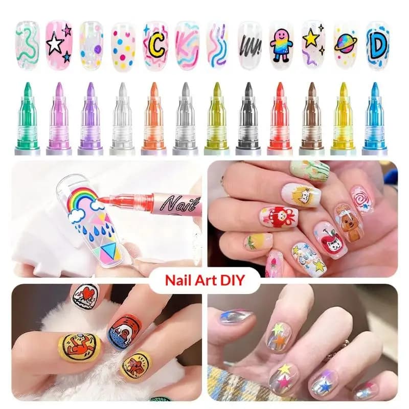 Set da 12 Penne Colorate Impermeabili per Nail Art, Penna per Disegno 3D, Strumento per Manicure e Pittura Astratta
