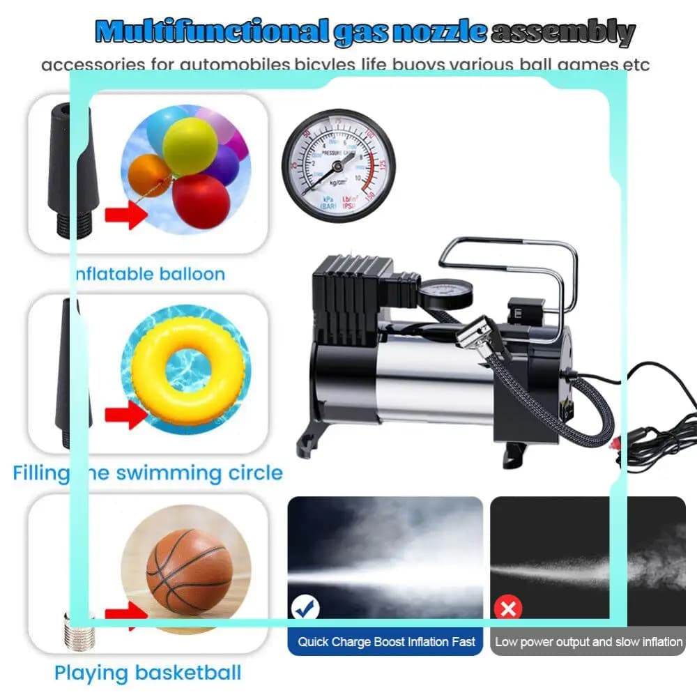 Compressore d'aria portatile 12V per pneumatici auto, sistema di alimentazione cilindrico, pompa elettrica per auto, gonfiatore pneumatici per auto in metallo resistente Deluxe