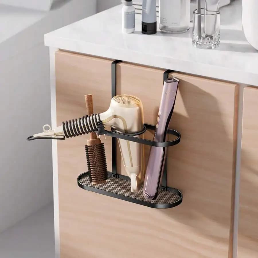 Organizzatore 3-in-1 per strumenti per capelli: asciugacapelli, piastra e arricciacapelli, da appendere alla porta dell'armadio o da posizionare sul piano di lavoro, con cornice ellittica nera