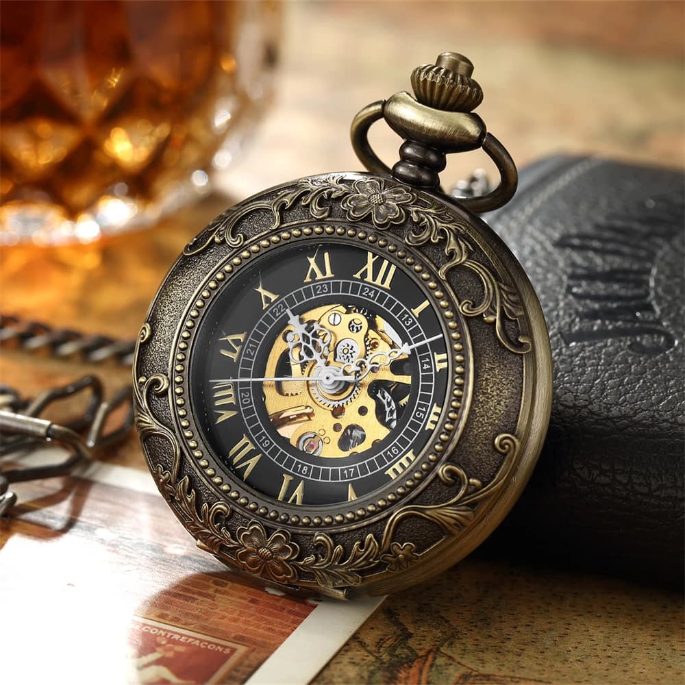 Orologio da Tasca Meccanico Scheletrato Vintage con Incisione Floreale, a Carica Manuale, con Catena, per Uomo e Donna, Regalo di Lusso Antico