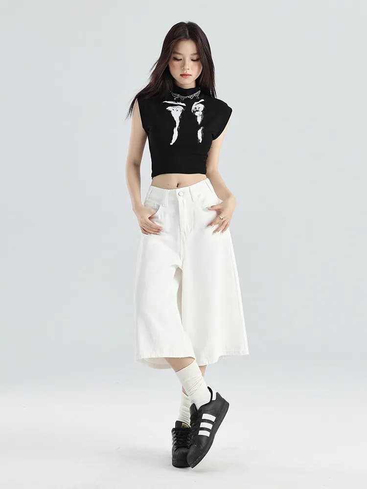 Slimming Straight Leg American Style White Wide Leg Jeans High Waist Summer Thin Loose Casual Mid-Thigh Shorts for Women