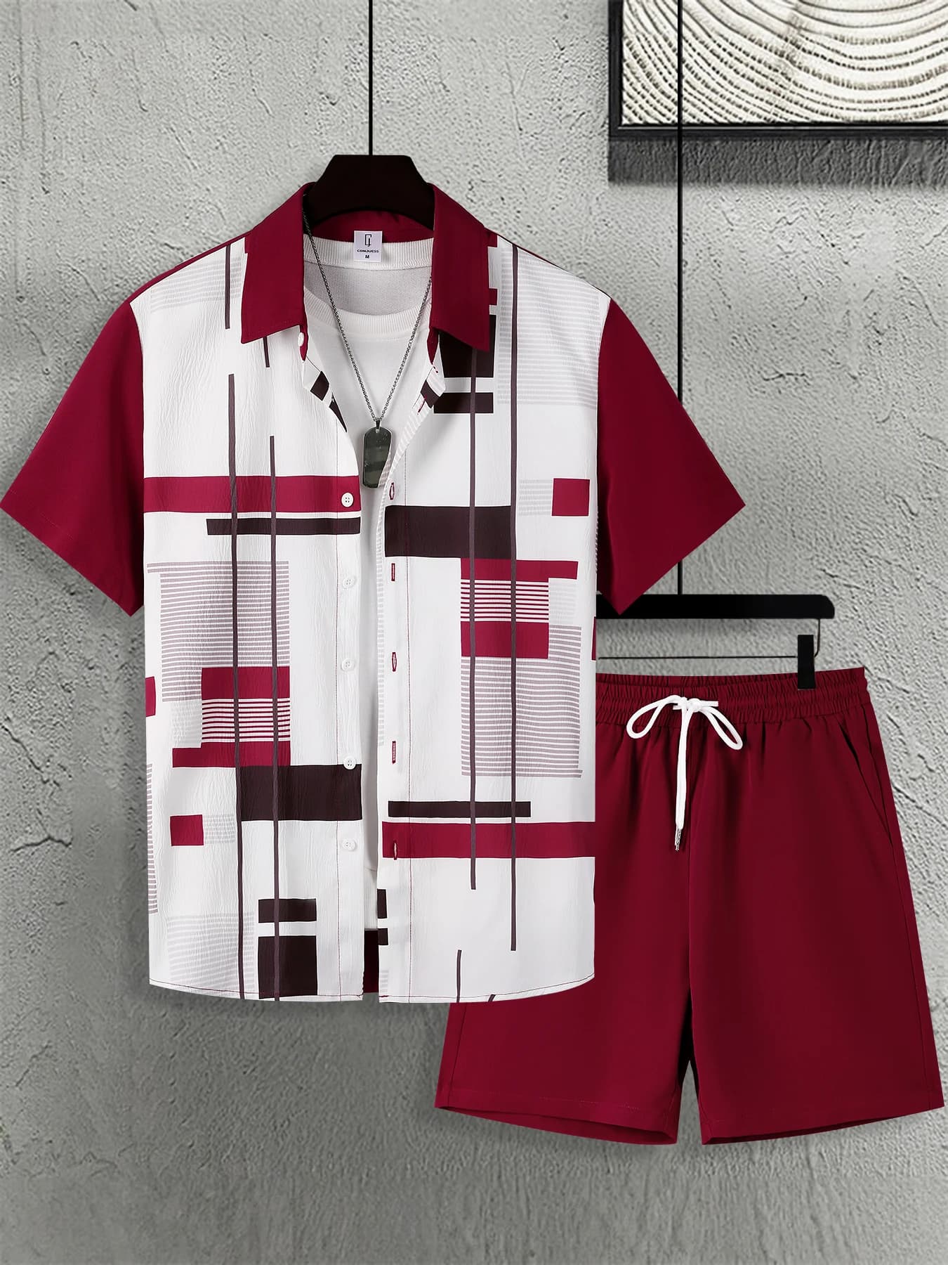 Men's casual dress with geometric print, 2 pieces: short sleeve shirt and shorts with drawstring