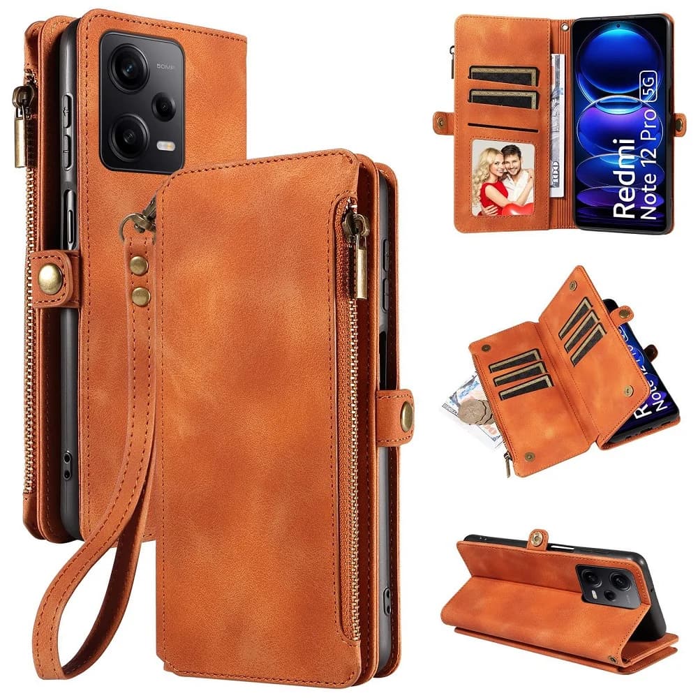 for Redmi Note 15 Pro Plus 5G Multi-pocket Leather Wallet Case Flip Handbag Zip Strap Pouch Foldable Stand Full Coverage Bumper