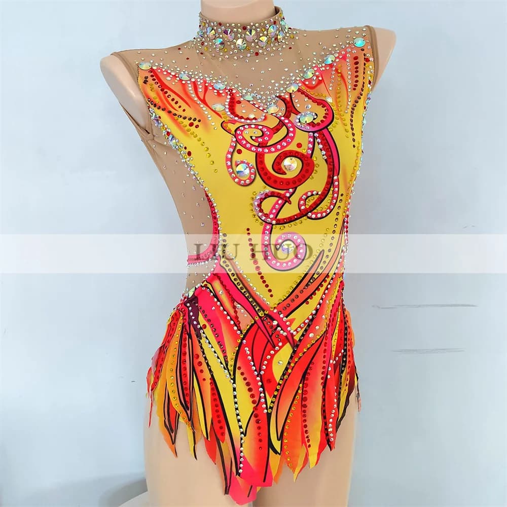 LIUHUO Costume Personalizzato per Donne e Ragazze, Leotard per Ginnastica Ritmica, Abito per Competizioni di Pattinaggio su Ghiaccio, Arancione, per Adolescenti BD818