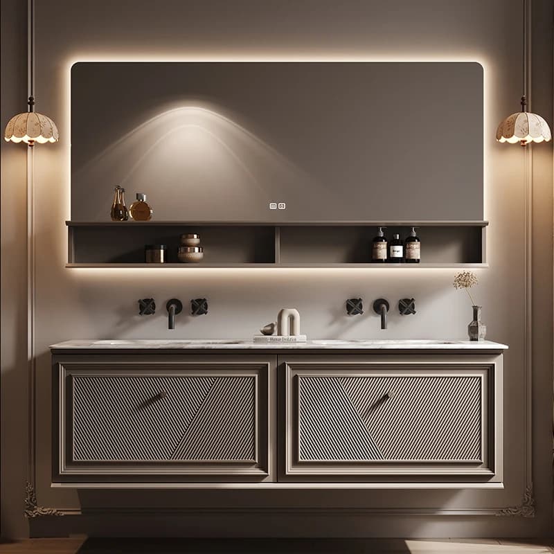 Mobile da bagno in legno massello, toeletta con lavabo, set specchio LED con luci
