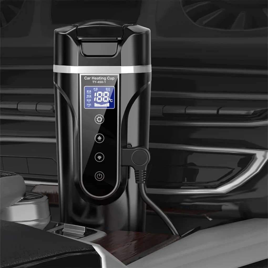 12V Electric Thermal Bottle for Car with Screen, Stainless Steel Kettle, Travel Water Heat, Adjustable Insulating Cup