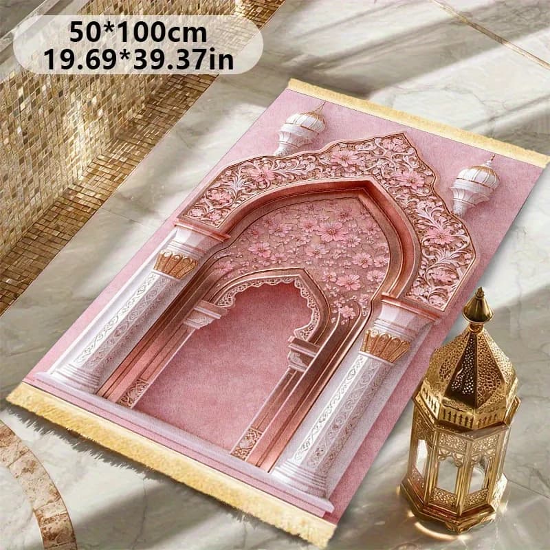 Tappetino da Preghiera VIKAMA Rosa Oro con Motivi Floreali, Doppio Arco, con Nappine, Tappeto Islamico per la Preghiera, Tappetino in Mussola per Casa e Ramadan