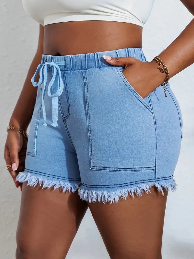 Women's Plus Size jeans shorts with high elasticity and tassel style elastic belt, fashionable jeans and versatile