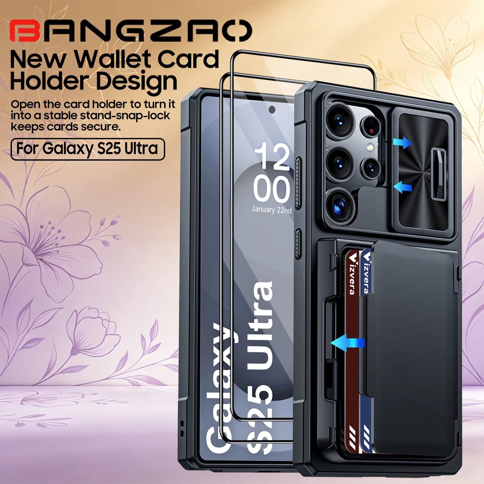 Custodia per Samsung S25 Ultra con slot per carte RFID e protezione per l'obiettivo, cover antiurto - Ottima idea regalo per la Festa della Mamma - Nera