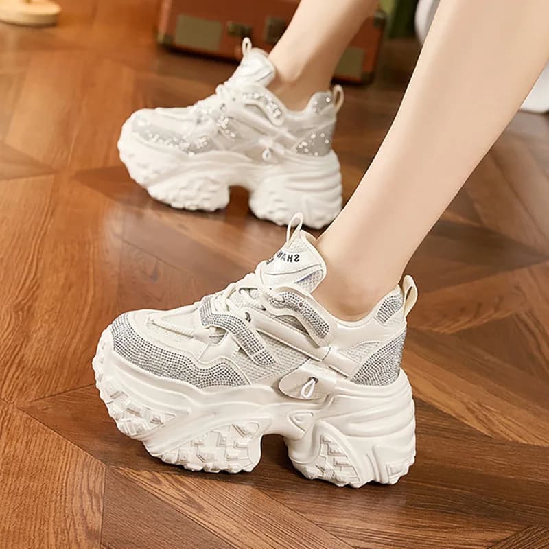 Spring New Women's 10cm Thick Sole Dad Shoes Breathable Mesh Water Diamond Casual Sneakers Height Increasing Female Shoe