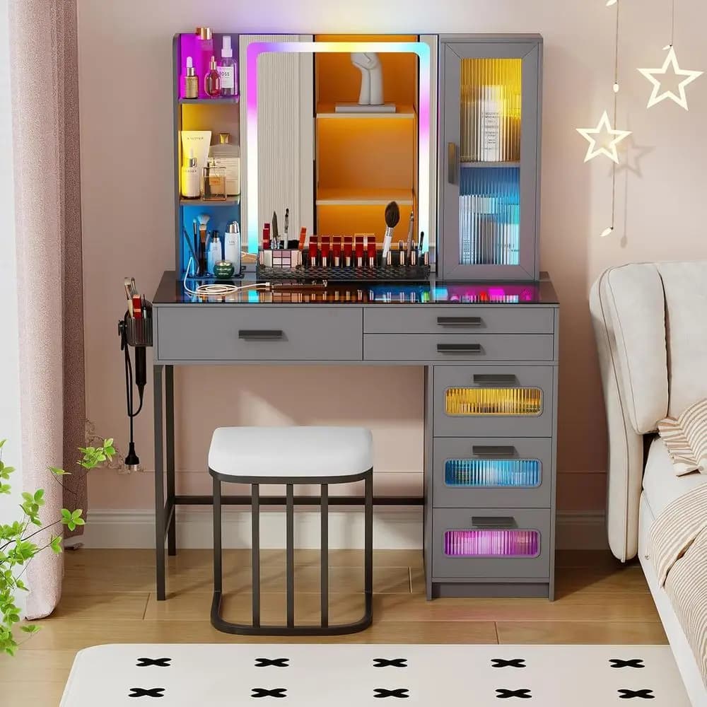 Grey Bedroom Vanity Desk with Mirror, RGB Lights, Glass Top, Wireless Charging & Storage Organizer