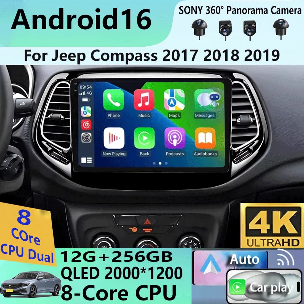 Autoradio Android 16 con Carplay e Auto WIFI+4G per Jeep Compass 2017 2018 2019 - GPS Stereo Multimediale 2 DIN con DSP