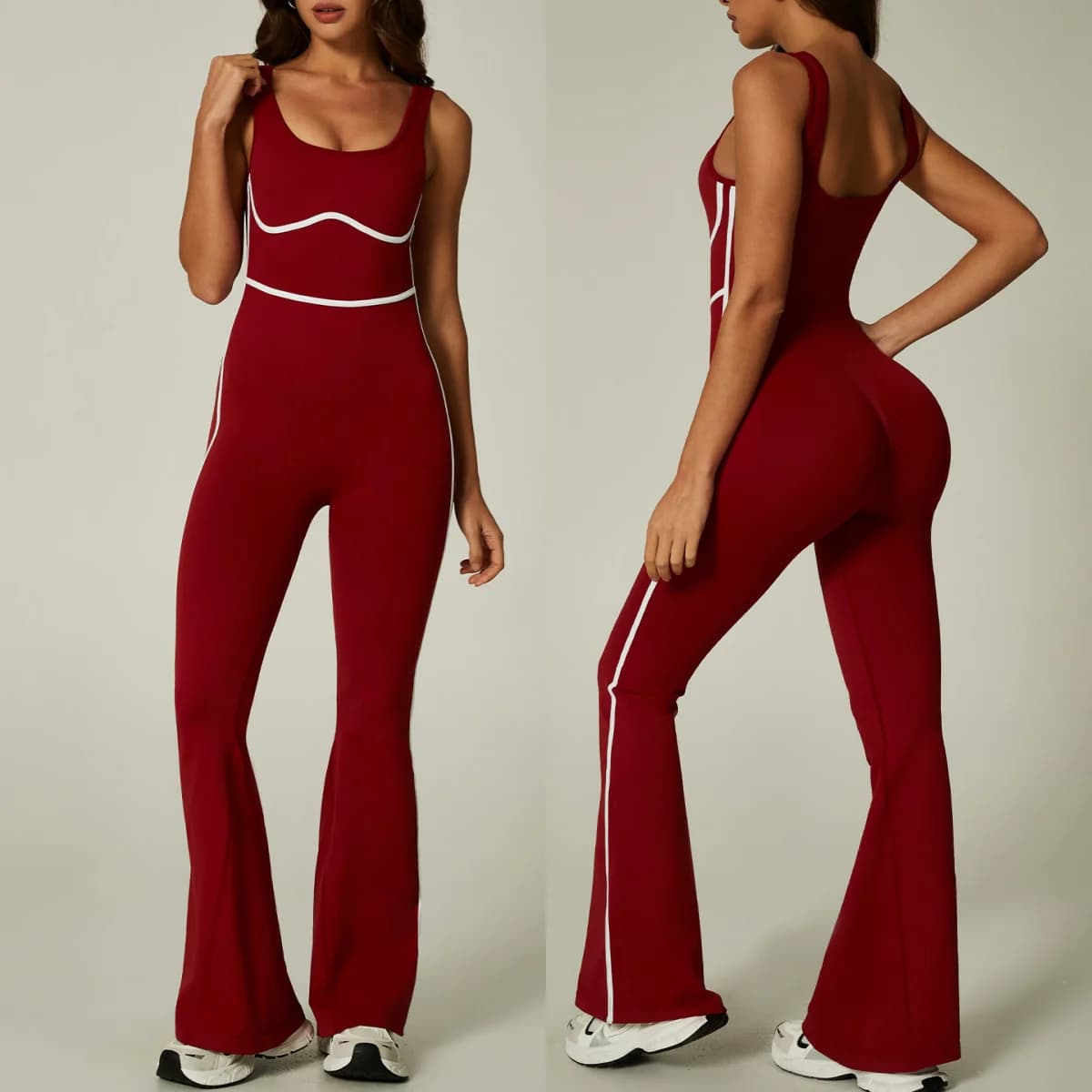 new contrasting color jumpsuits yoga set high elastic onesie gym set outdoors one-piece flared pants workout clothes for women