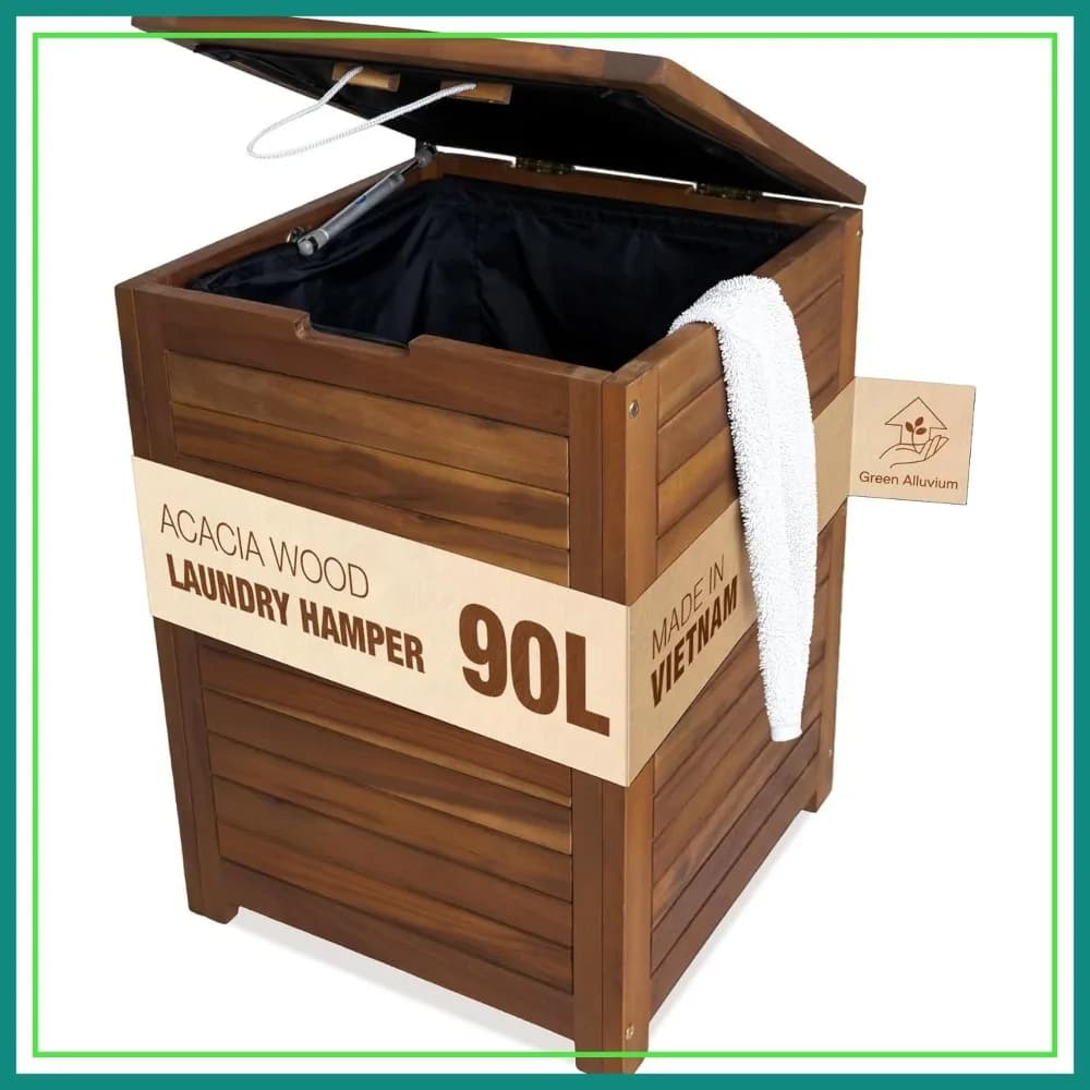 Cesto Portabiancheria in Legno di Acacia con Coperchio, Manici e Sacchetto Rimovibile, Alto 90L - Grande Cesto Portabiancheria in Legno per Camera da Letto, Bagno, Lavanderia