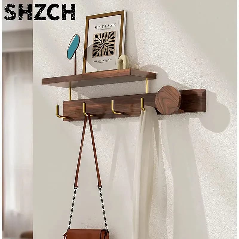 No Punching Black Walnut Wood Coat Rack Creative Living Room Storage Hanger for Bags