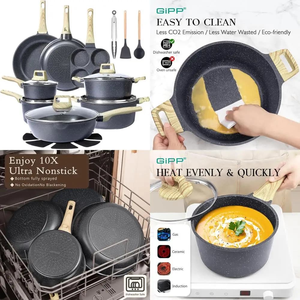 Set di Pentole Antiaderenti da 22 Pezzi, Utensili da Cucina Non Tossici con Padelle, Lavabili in Lavastoviglie, Grigio