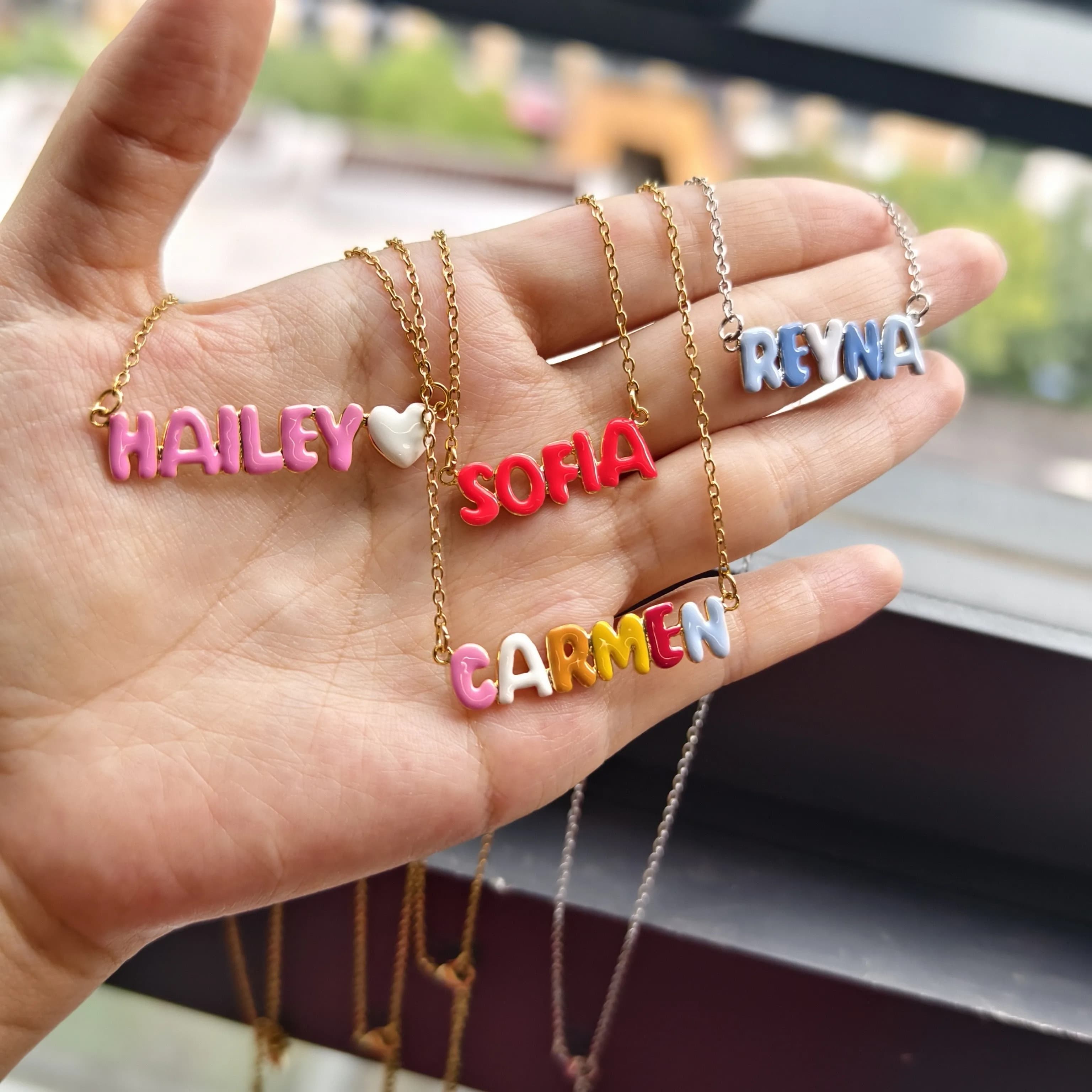 Necklace with custom glazed bubble letter with dopamine Happy necklace Jewelry with name with custom colored bubble letter for woman's gift for girl