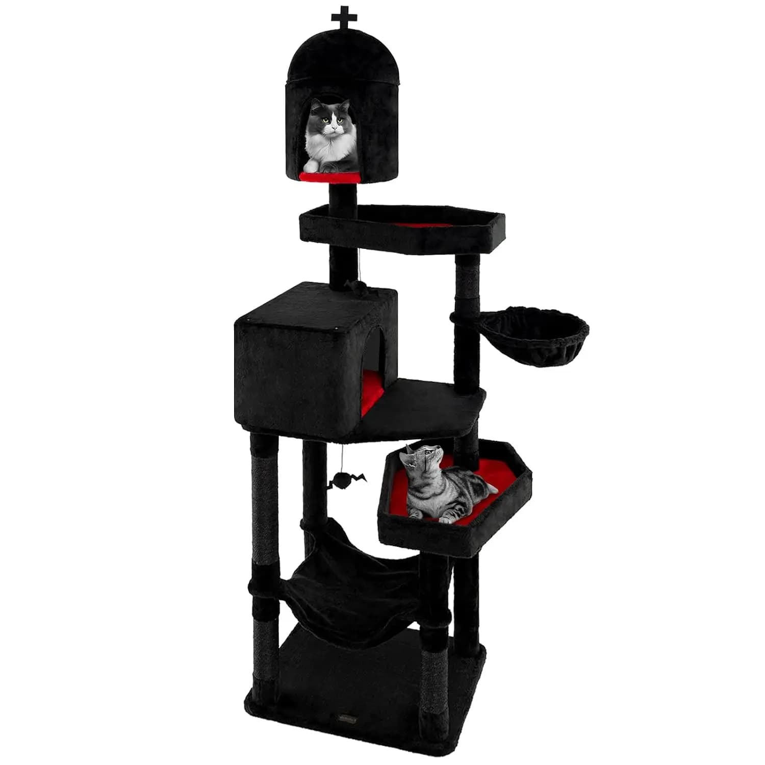 83 Inch Gothic Cat Tree Multi-Level Coffin Bed Scratching Post Condo Dangling Ball Hammock Basket Indoor Black, Customized