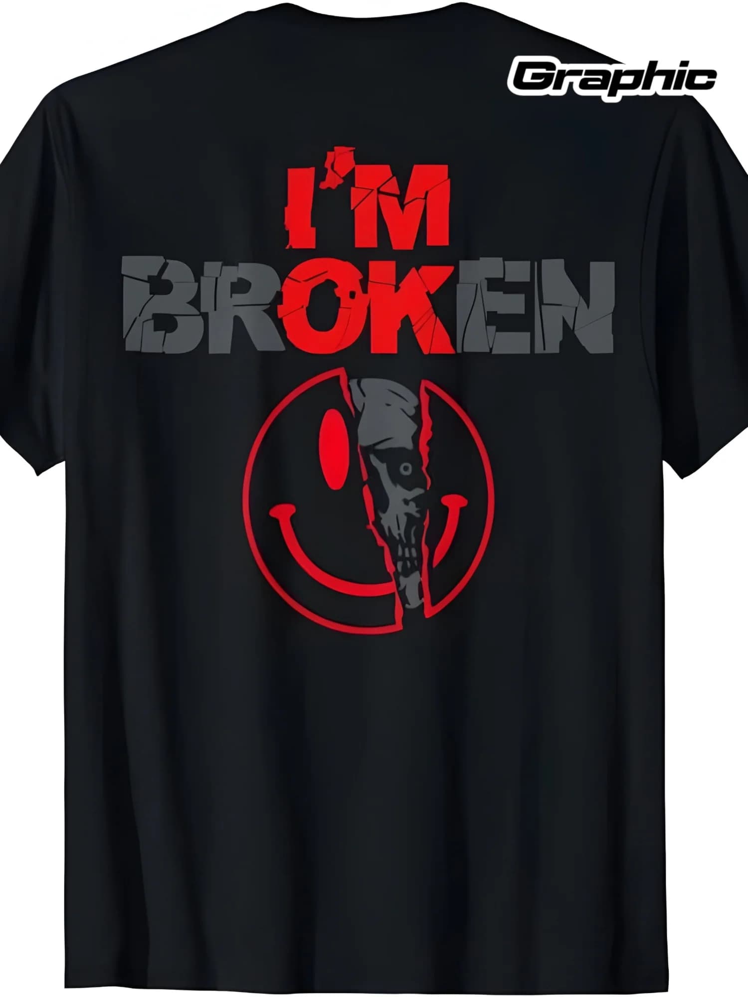 T-shirt grafica nera da uomo con stampa posteriore in rosso intenso 'I'M' e 'BRO' grigio, lettere rosse effetto distressed 'KEN'