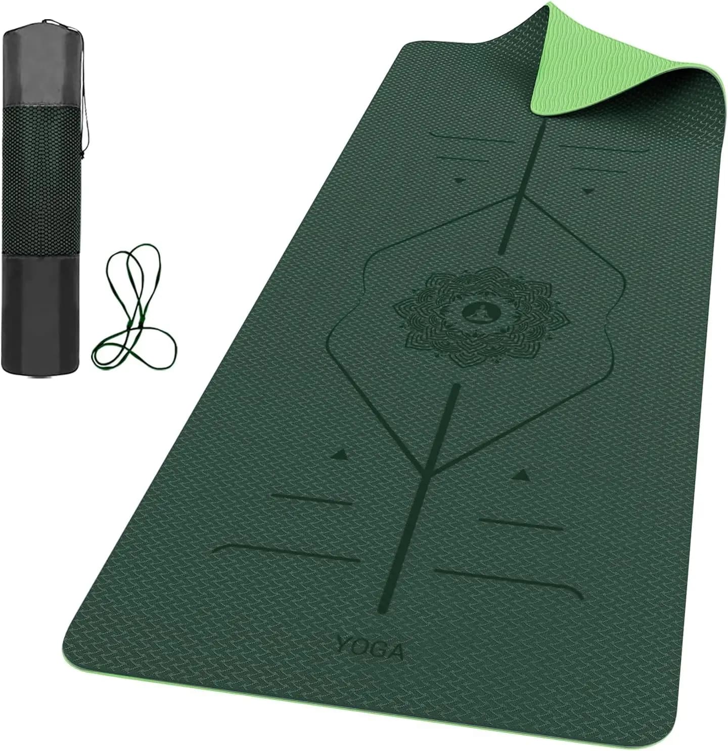Extra Yoga Mat Thick 6mm Anti-slip with Lines of Alignment, Large Carpet for Exercises at Home, Includes Transport Bag