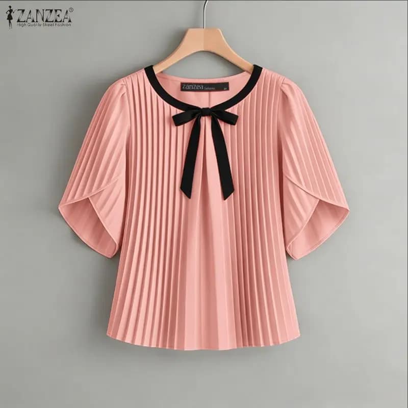 2026 Summer Blouse ZANZEA Elegant Women Short Petal Sleeve Pleated Work Tops Stylish Shirt Casual Patchwork Holiday Tunic Mujer