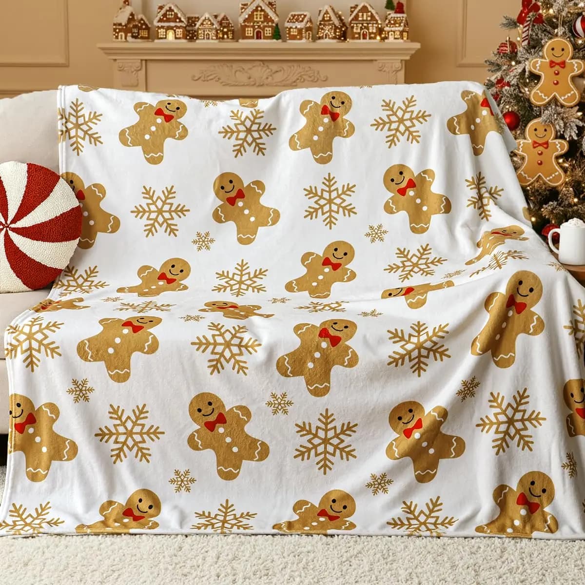 Flannel Gingerbread Man Bed Blanket, Lightweight Cozy Christmas Blanket for Couch Sofa Bed Living Room Home Decor Gifts