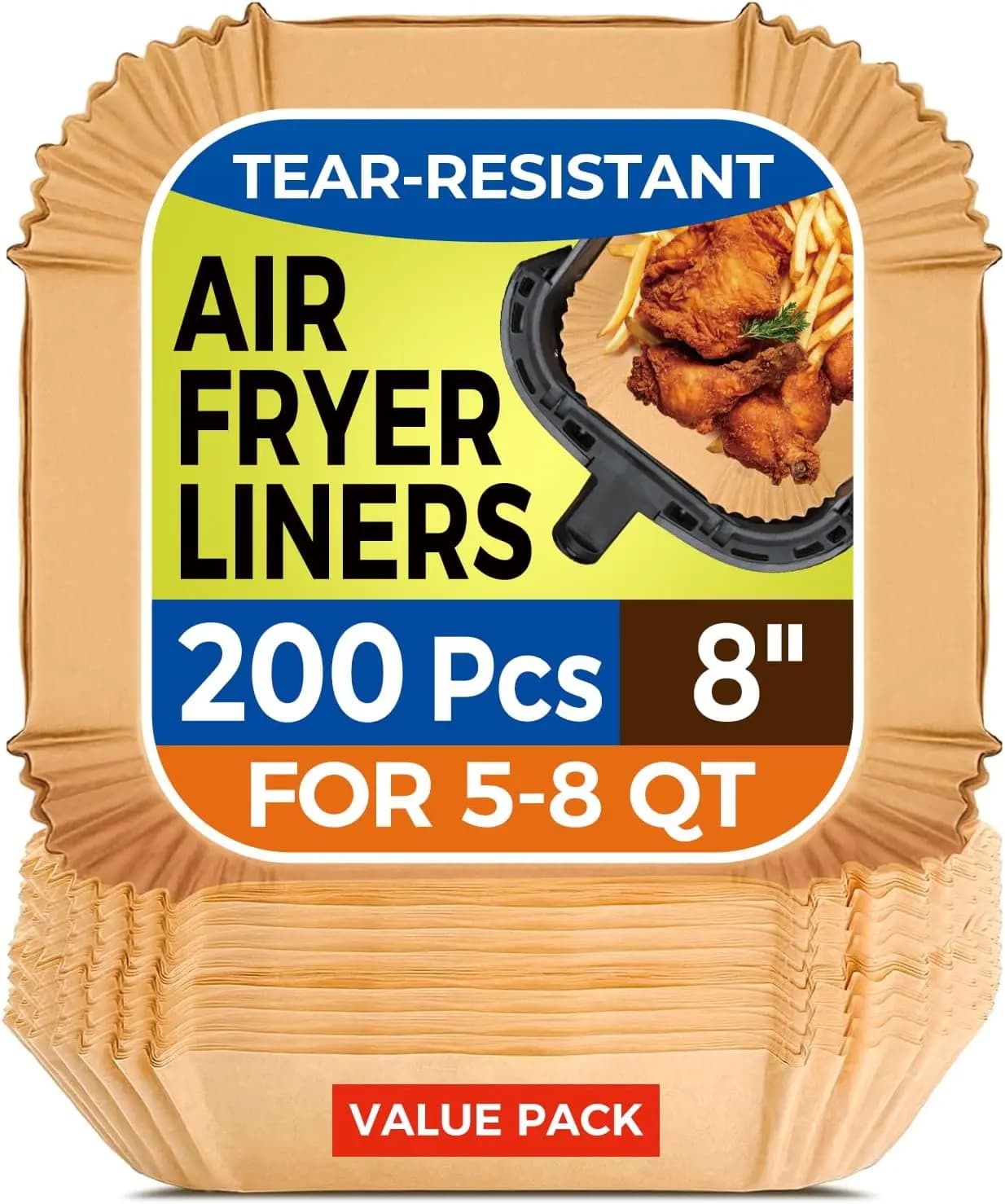 200 Pezzi di Fogli di Carta da Forno Monouso per Friggitrice ad Aria, Quadrati da 8 Pollici, Antiaderenti, per Cestelli da 5-8 Qt, Resistenti all'Olio e Facili da Pulire