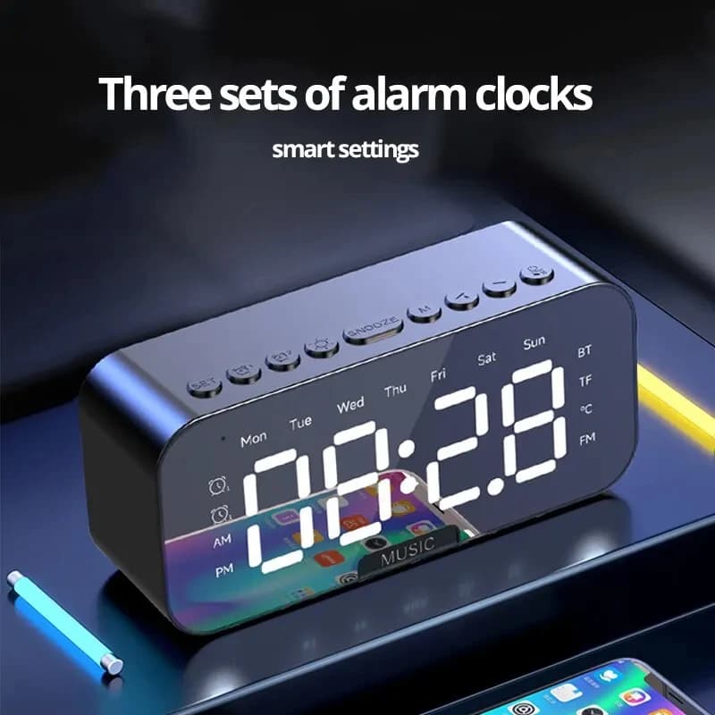 Sveglia digitale a LED da 1 pezzo con Bluetooth, altoparlante, specchio, camera da letto, ufficio, decorazione da tavolo, schermo, temperatura, radio FM
