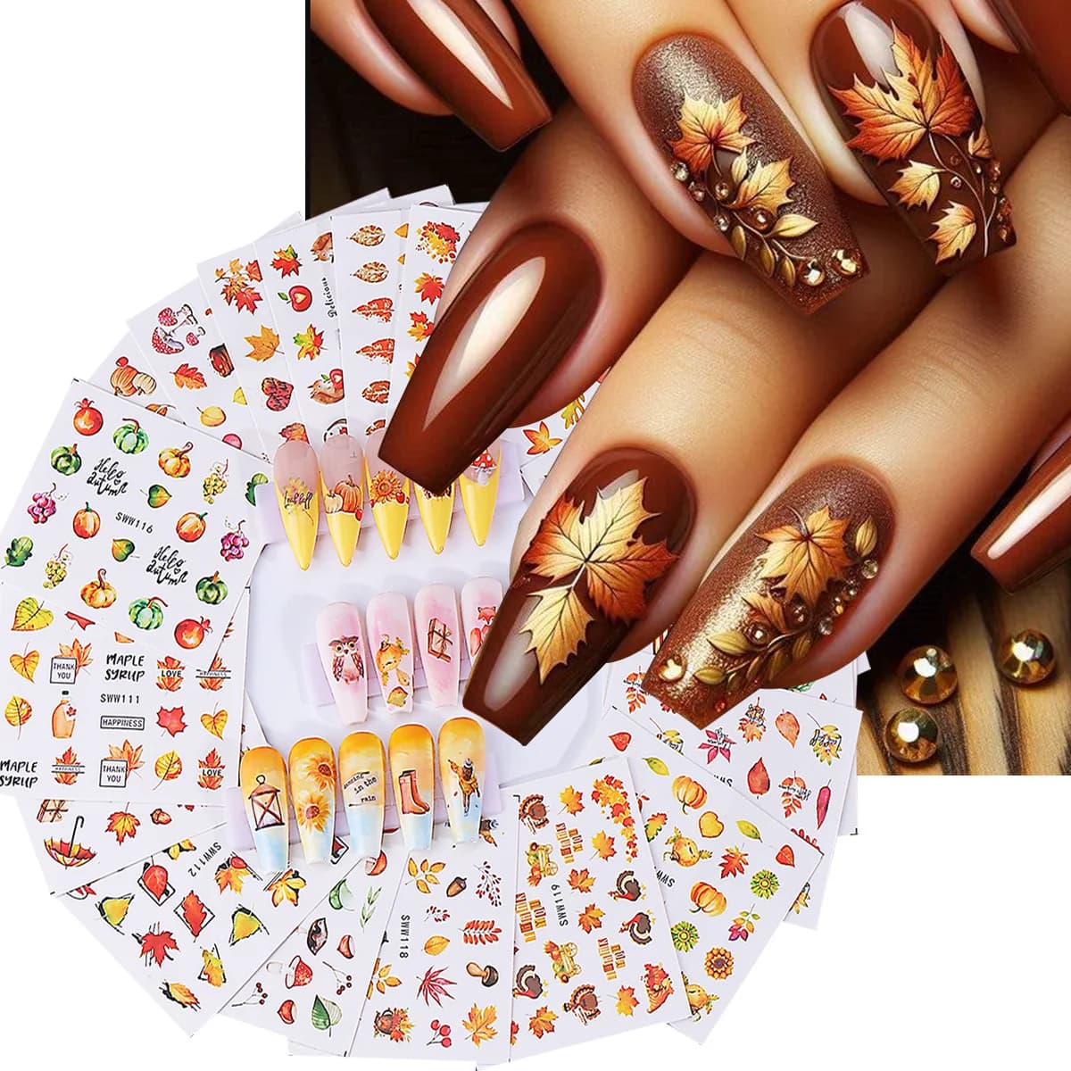 24 pezzi autunno foglia d'acero adesivi per unghie decalcomanie per il trasferimento dell'acqua geometria foglie fungo tacchino zucca scoiattolo design manicure decor