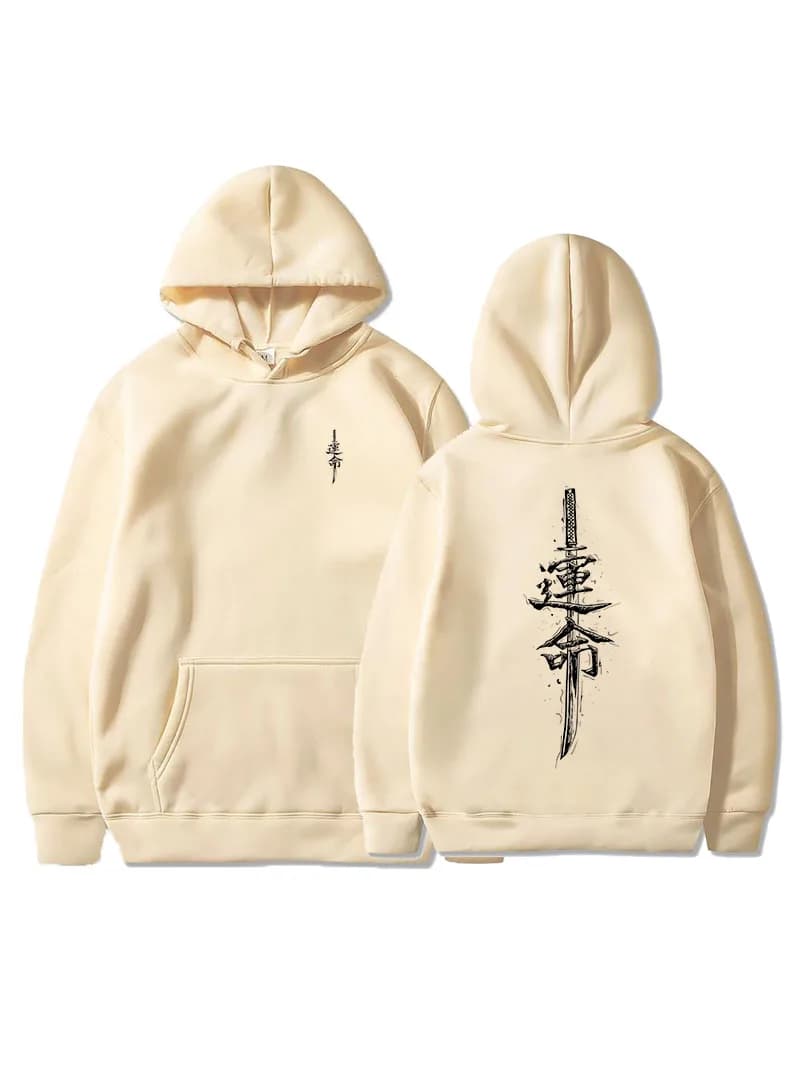 Men's autumn and winter hoodie with Japanese samurai sword pattern printed, fashionable retro casual hoodie, street style