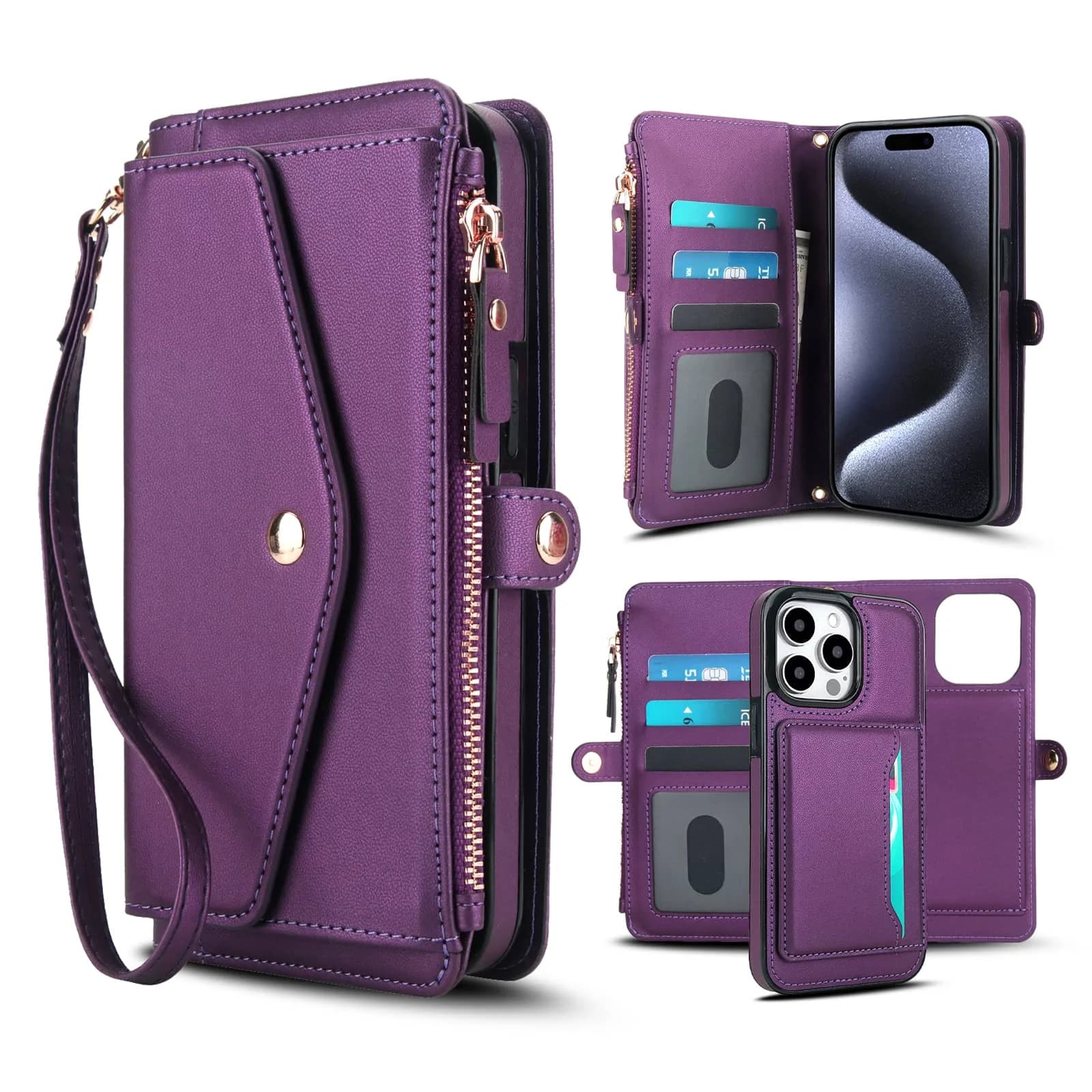 For iPhone 17/16/15/14/13 Pro Max X XR XS Max SE 2022 7 8 Wallet Case, Support Wireless Charging with RFID Blocking Card Holder